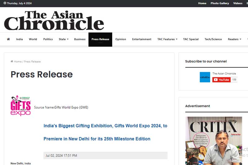 Biggest Gifting Exhibition, Gifts World Expo 2024, to premiere in New Delhi for its 25th Milestone Edition Publication: The Asian Chronicle