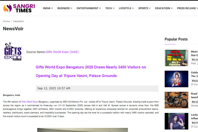 Gifts World Expo Bengaluru 2025 Draws Nearly 3450 Visitors on Opening Day at Tripura Vasini, Palace Grounds