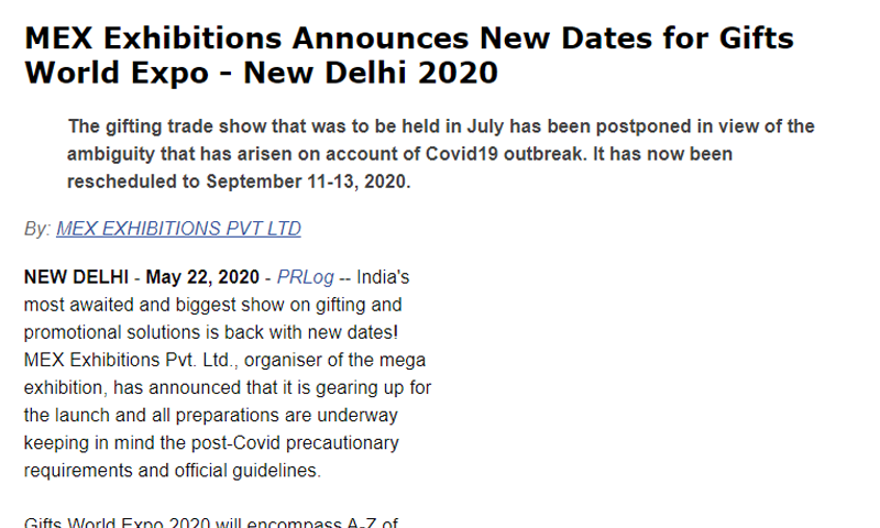 MEX Exhibitions Announces New Dates for Gifts World Expo – New Delhi 2020