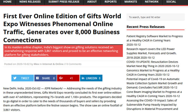 First Ever Online Edition of Gifts World Expo Witnesses Phenomenal Online Traffic, Generates over 8,000 Business Connections