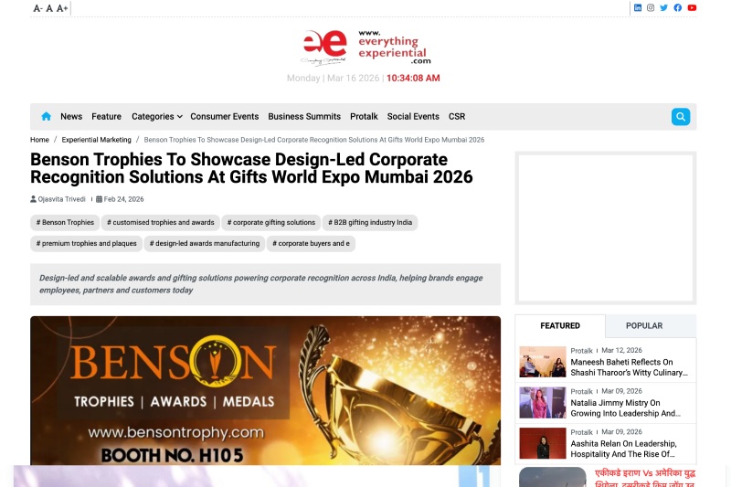 Benson Trophies To Showcase Design-Led Corporate Recognition Solutions At Gifts World Expo Mumbai 2026